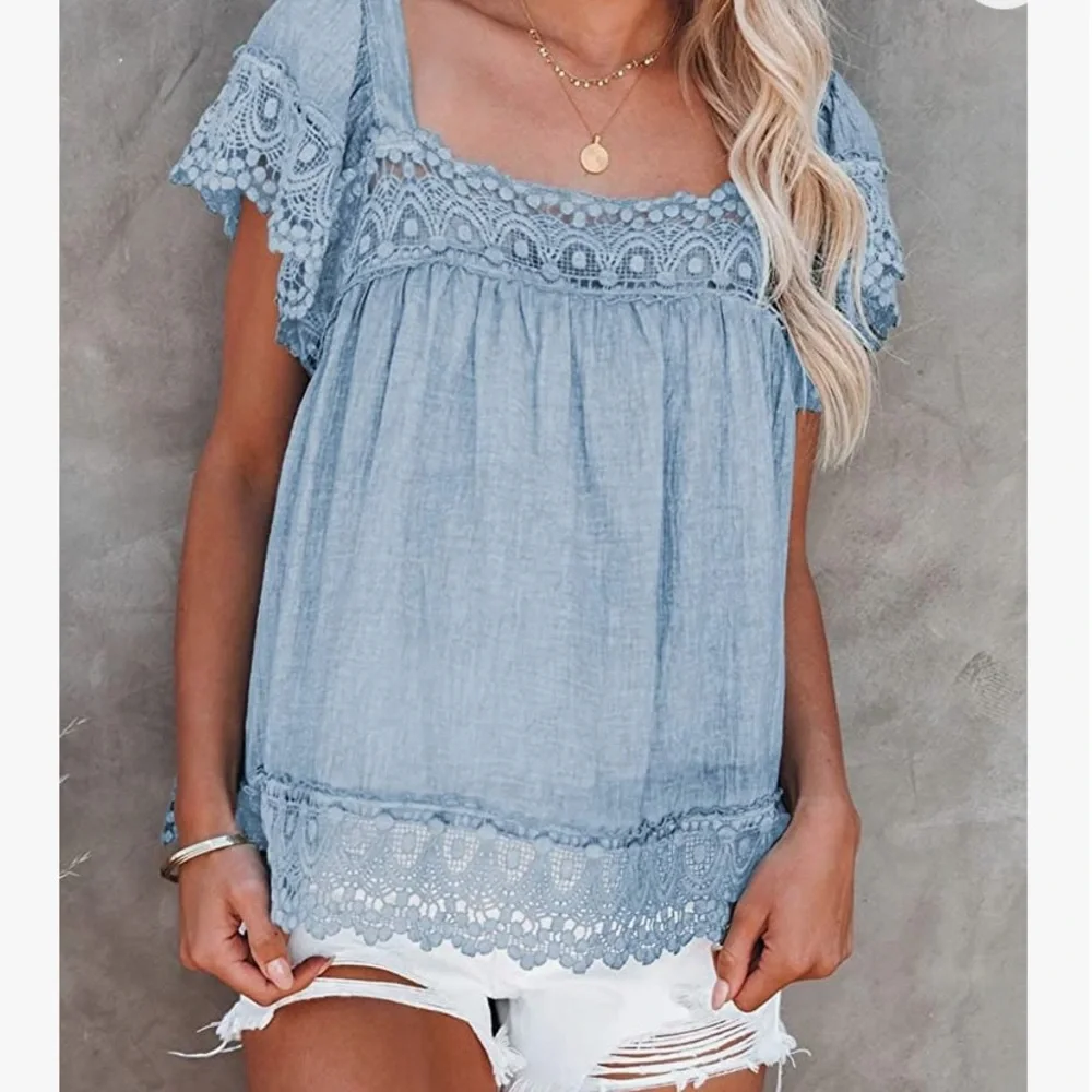 ✨WORN ONCE✨ Square Neck Lace Crochet Flowy Casual Boho Blouse - Picture 10 of 12
